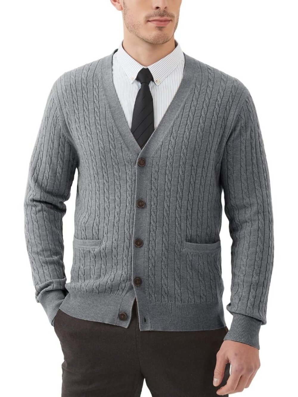 Cozy Men's Wool Blend Cable Knit Cardigan Sweater with Pockets & V-Neck Design